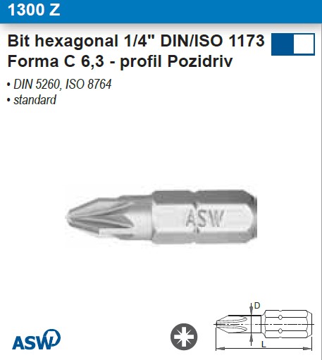 Bit 1/4" DIN/ISO 1173 C 6,3 - profil Pozidriv