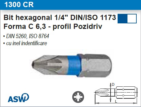 Bit 1/4" DIN/ISO 1173-C 6,3 - profil Pozidriv