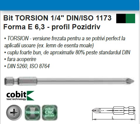 Bit TORSION 1/4" DIN/ISO 1173-E 6,3-Pozidriv